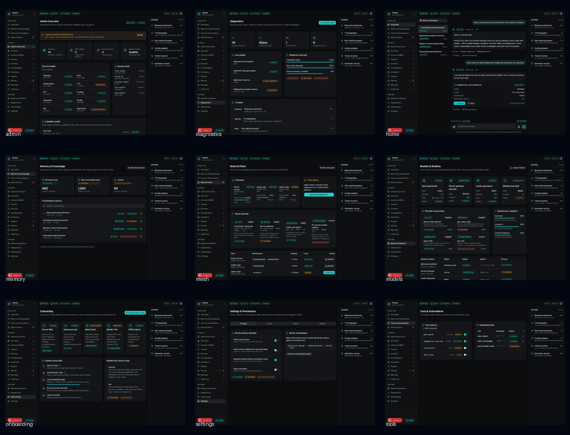 Aurora dark-mode UI contact sheet